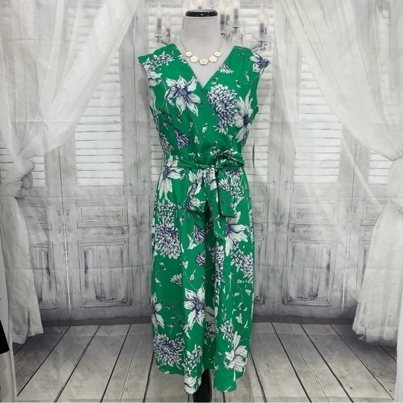 Jessica Howard Size 8P 8 Petite Green Floral Belted Sleeveless Dress Below Knee - Picture 1 of 15